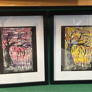 Framed Willow Tree Art Prints in Pink and Yellow - Contemporary Wall Pair